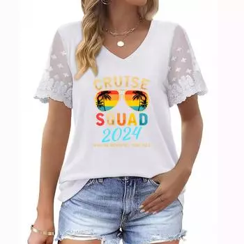 Женский летний топ больших размеров с V-образным вырезом, короткими рукавами, цветочным принтом и кружевными деталями S