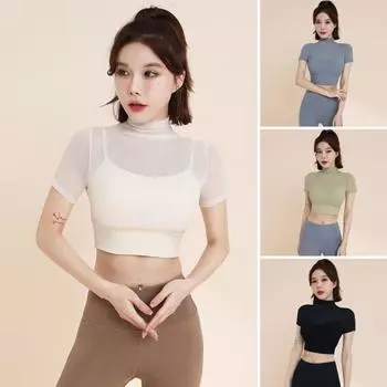 Женский летний топ для йоги Тонкий Быстросохнущий Хорошая воздухопроницаемость Короткие рукава Открытая талия Укороченный L чёрный