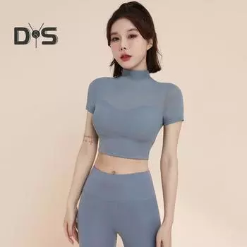 Женский летний топ для йоги Тонкий, быстросохнущий, хорошо пропускает воздух, короткие рукава, открытая талия, укороченный топ для бега, пилатеса, спортзала, упражнений M чёрный