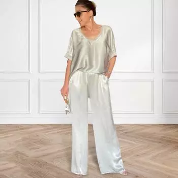 Женский летний топ и брюки, комплект с V-образным вырезом и короткими рукавами, свободная футболка с высокой эластичной талией S светло-серый