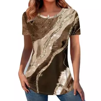 Женский летний топ, модный расписной принт, повседневный свитер с круглым вырезом и короткими рукавами, футболка S хаки