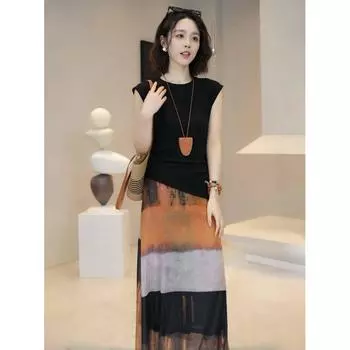 Женский летний топ на кулиске, костюм с юбкой из сетки с цветочным принтом Tops S(80-100)