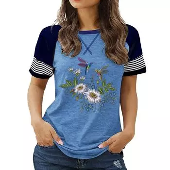 Женский летний топ размера плюс с круглым вырезом, короткими рукавами и цветочным принтом, свободного покроя S