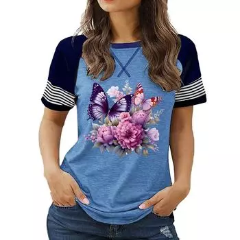 Женский летний топ размера плюс с круглым вырезом, короткими рукавами и цветочным принтом, свободного покроя S