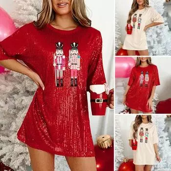 Женский летний топ с блестящими пайетками и мультяшным рисунком, свободная футболка с короткими рукавами средней длины и круглым вырезом, мягкая дышащая женская повседневная футболка M красный