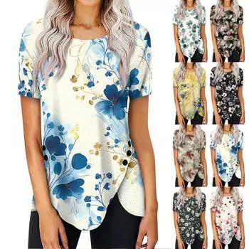 Женский летний топ с коротким рукавом и круглым вырезом, с принтом на пуговицах сбоку L армия зеленый