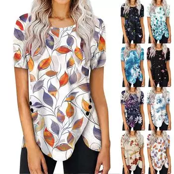 Женский летний топ с коротким рукавом и круглым вырезом, с принтом на пуговицах сбоку L бежевый