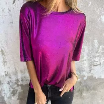 Женский летний топ с круглым вырезом и короткими рукавами, блузка-пуловер с глянцевой поверхностью, однотонная эластичная футболка для повседневной носки, свидания, вечеринки M темно-синий