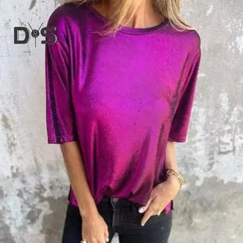 Женский летний топ с круглым вырезом и короткими рукавами, блузка-пуловер с глянцевой поверхностью, однотонная эластичная футболка для повседневной носки, свидания, вечеринки XL чёрный