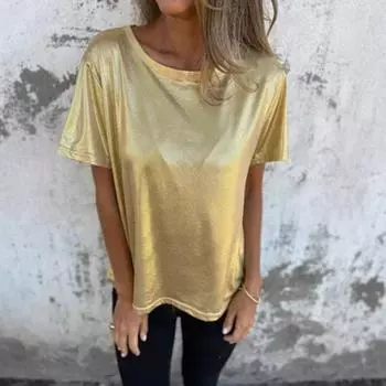 Женский летний топ с круглым вырезом и короткими рукавами, блузка-пуловер с глянцевой поверхностью, однотонная эластичная футболка для повседневной носки, свидания, вечеринки M белый