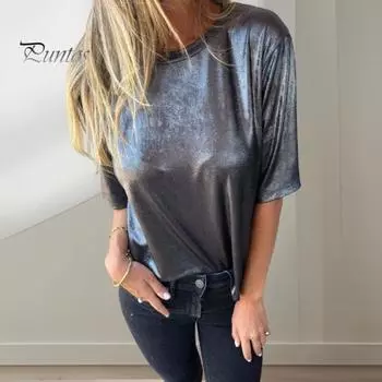 Женский летний топ с круглым вырезом и короткими рукавами, блузка-пуловер с глянцевой поверхностью, однотонная эластичная футболка для повседневной носки, свидания, вечеринки L белый