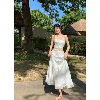Женский летний топ с квадратным вырезом и высокой талией, кружевная длинная юбка, комплект S белый