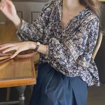 Женский летний топ с V-образным вырезом и цветочным принтом в стиле ретро Small