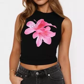 Женский летний топ Y2K с круглым вырезом, без рукавов, с цветочным принтом, повседневный, приталенный, жилет, открывающий живот S