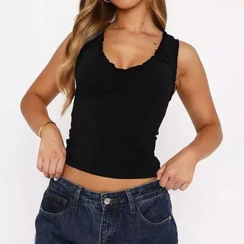 Женский летний топ Y2K с V-образным вырезом, без рукавов, с оборками, однотонный, повседневный, приталенный, жилет, кроп-топ S