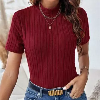 Женский летний трикотажный пуловер с коротким рукавом, воротником-стойкой и однотонный топ-футболка S
