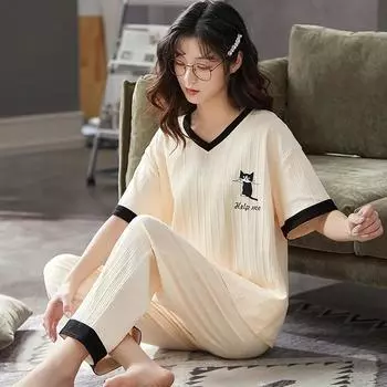 Женский летний удобный домашний костюм для отдыха, милый свободный топ с короткими рукавами + брюки, можно носить на улице, комплект из двух предметов XS