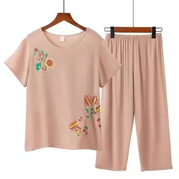 Женский летний удобный домашний костюм из тонкого среза, можно носить на улице, комплект из двух предметов: топ с короткими рукавами и брюки из хлопка и льна 4XL