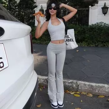 Женский летний уличный жилет с открытой спиной и тонкими длинными брюками, комплект с подвесным воротником S чёрный