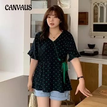 Женский летний утягивающий топ из шифона со шнуровкой и расклешенными рукавами больших размеров 2XL