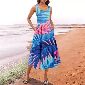 Женский летний весенний повседневный цветочный сарафан без рукавов для пляжного отдыха струящиеся платья-майки миди в стиле бохо S синий