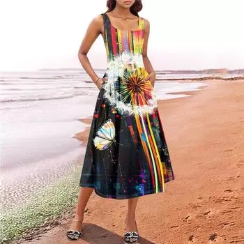 Женский летний весенний повседневный цветочный сарафан без рукавов для пляжного отдыха струящиеся платья-майки миди в стиле бохо XL жёлтый