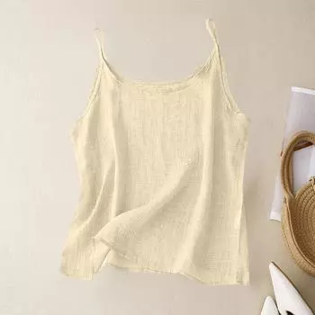 Женский летний винтажный хлопково-льняной маленький топ-майка, свободный внутренний топ S бежевый