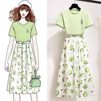 Женский летний винтажный комплект из двух предметов, тонкая футболка с коротким рукавом, юбка с фруктовым принтом, костюм с высокой талией, длинная плиссированная юбка, повседневный костюм XXL