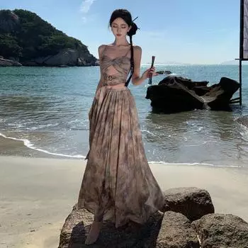 Женский летний винтажный топ на бретельках с принтом тай-дай, комплект с юбкой до половины тела и высокой талией S света кофе