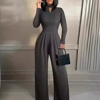 Женский летний вязаный повседневный однотонный комбинезон с длинными рукавами S серый