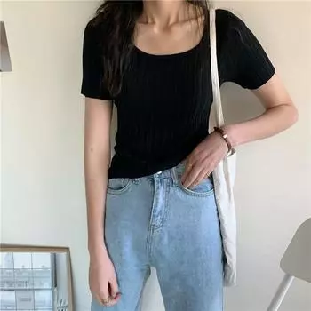 Женский летний вязаный пуловер из ледяного шелка с круглым вырезом, топы с короткими рукавами в полоску, тонкий низ, сплошной цвет One Size бежевый