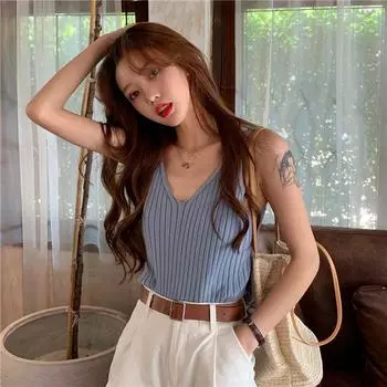 Женский летний вязаный топ из ледяного шелка, верхняя одежда, топы с v-образным вырезом, тонкая рубашка без рукавов One Size бежевый