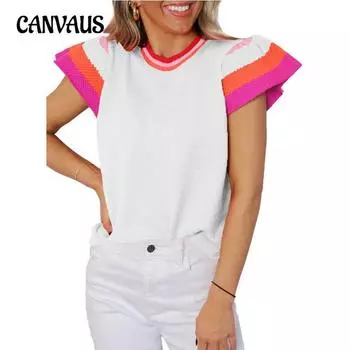 Женский летний вязаный топ с круглым вырезом, яркие цвета, милый свитер с короткими рукавами S розы красного