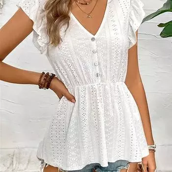 Женский летний вязаный жаккардовый ажурный эластичный кружевной топ с рюшами и рукавами S белый