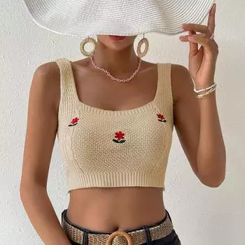 Женский летний вязаный жилет без рукавов с вышивкой, укороченный жилет S розовый