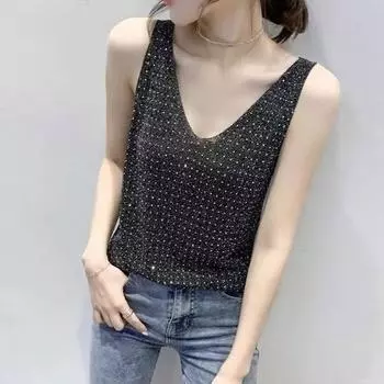 Женский летний вязаный жилет из ледяного шелка, майка, топы на бретелях с v-образным вырезом, без рукавов, свободные с пайетками, супер вспышка, сплошной цвет, черный One Size бежевый