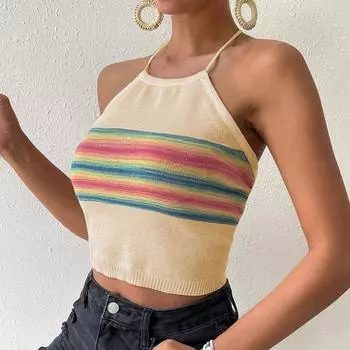Женский летний вязаный жилет с открытой спиной и бретелькой Радуга, укороченный жилет с открытой талией S миндальный