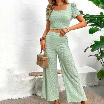 Женский летний жаккардовый кружевной прозрачный эластичный обтягивающий топ без рукавов, широкие брюки, комплект из двух предметов S светло-зеленый