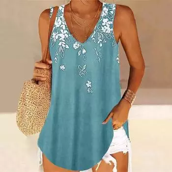 Женский летний жилет без рукавов с цветочным принтом и v-образным вырезом средней длины, свободная повседневная одежда, повседневная женская одежда больших размеров, летний топ, женская одежда XL темно-синий