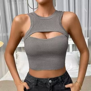 Женский летний жилет без рукавов с круглым вырезом, сплошной цвет, вязаный жилет с голой талией, укороченный топ с вырезом S розовый