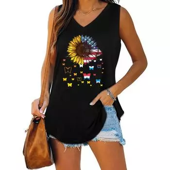 Женский летний жилет без рукавов с v-образным вырезом и принтом подсолнухов и бабочек S белый