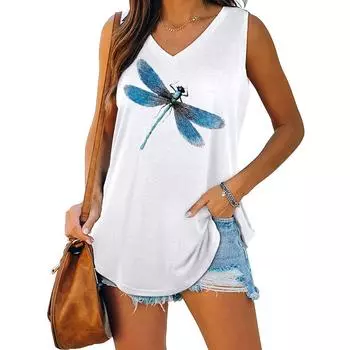 Женский летний жилет без рукавов с v-образным вырезом и принтом стрекозы, ласточкин хвост S белый