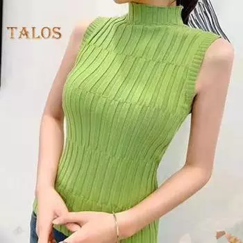 Женский летний жилет без рукавов с высоким воротником, вязаные топы, облегающие однотонные топы на бретелях, уличная одежда кирпич красный