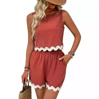 Женский летний жилет из двух частей с кружевной отделкой и круглым вырезом, укороченный топ, шорты S чёрный