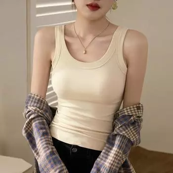 Женский летний жилет из хлопка с высокой эластичностью в рубчик с топом на подтяжках Victoria и широкими бретелями, закрывающими боковые части груди и предотвращающими обнажение. S