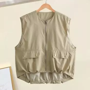 Женский летний жилет-карго в японском стиле на молнии Clsoure с круглым вырезом без рукавов однотонный свободный кардиган повседневный S хаки