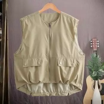 Женский летний жилет-карго в японском стиле на молнии Clsoure с круглым вырезом без рукавов однотонный свободный кардиган Повседневная повседневная одежда топ M хаки