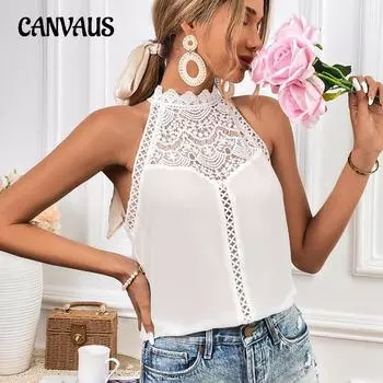 Женский летний жилет, модный полый кружевной топ без рукавов