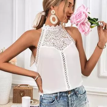 Женский летний жилет, модный полый кружевной топ без рукавов S белый