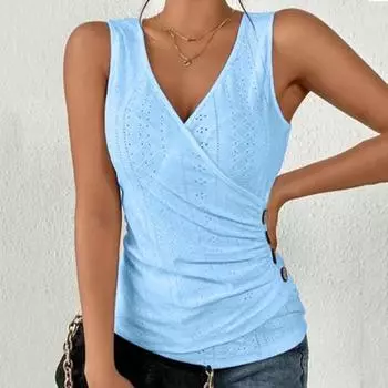 Женский летний жилет, однотонный мягкий облегающий жилет без рукавов, ажурный пуловер с v-образным вырезом и пуговицами, летний женский топ XL синий